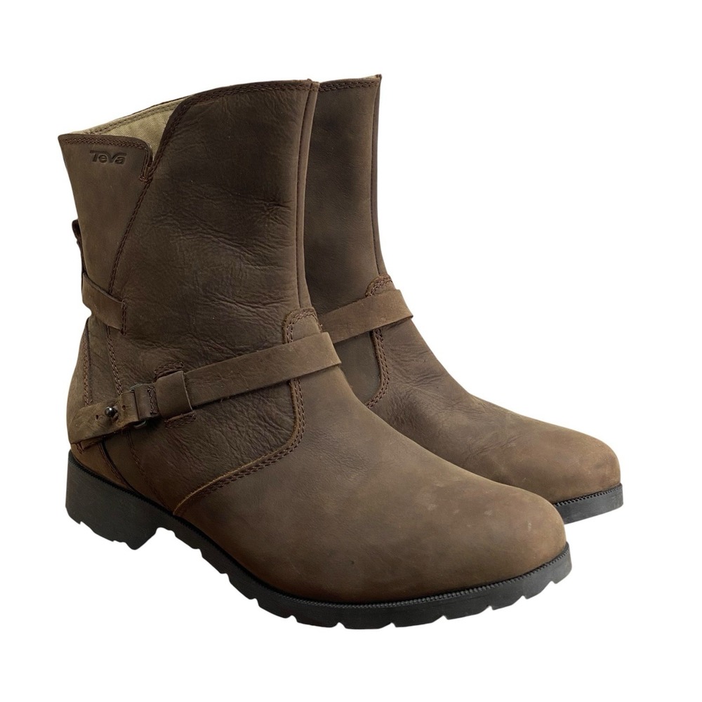 Teva Delavina 8" Low Boots 8.5 Brown Leather Side Zip Buckle Rugged Sole
